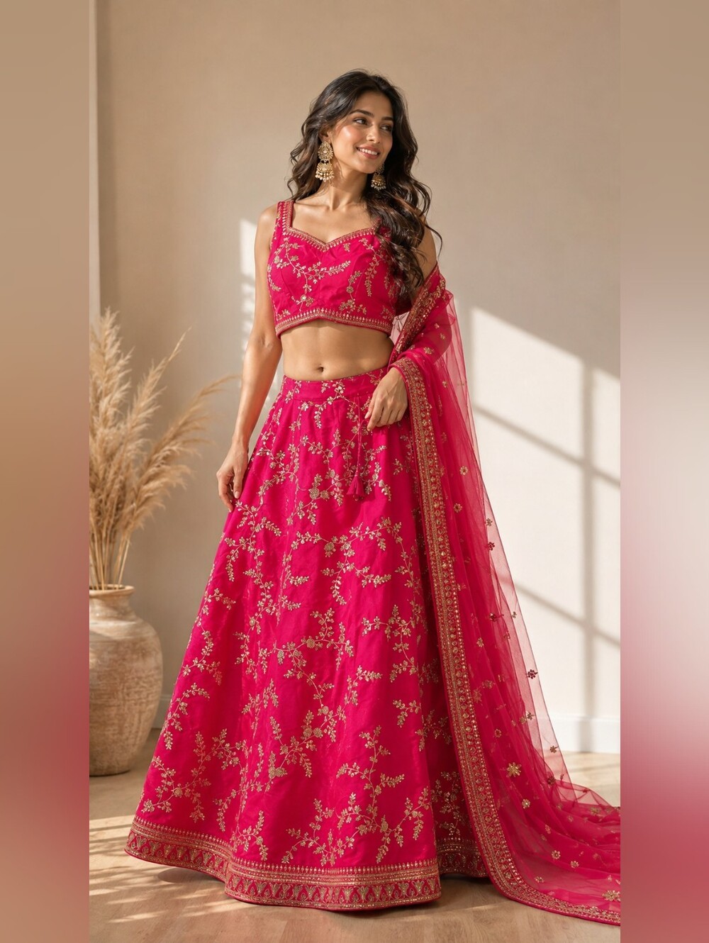 Fuchsia Pink Gold Embroidered Lehenga Choli – US 10 Large